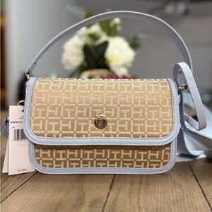 Elegant Tan and Blue Designer Shoulder Bag